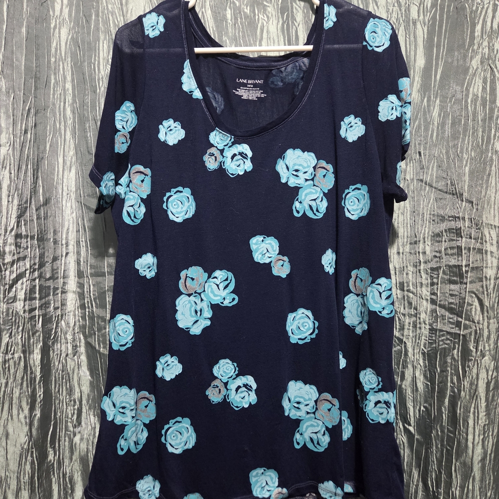 Lane Bryant Floral Short Sleeve Top - Dark Blue and Light Blue